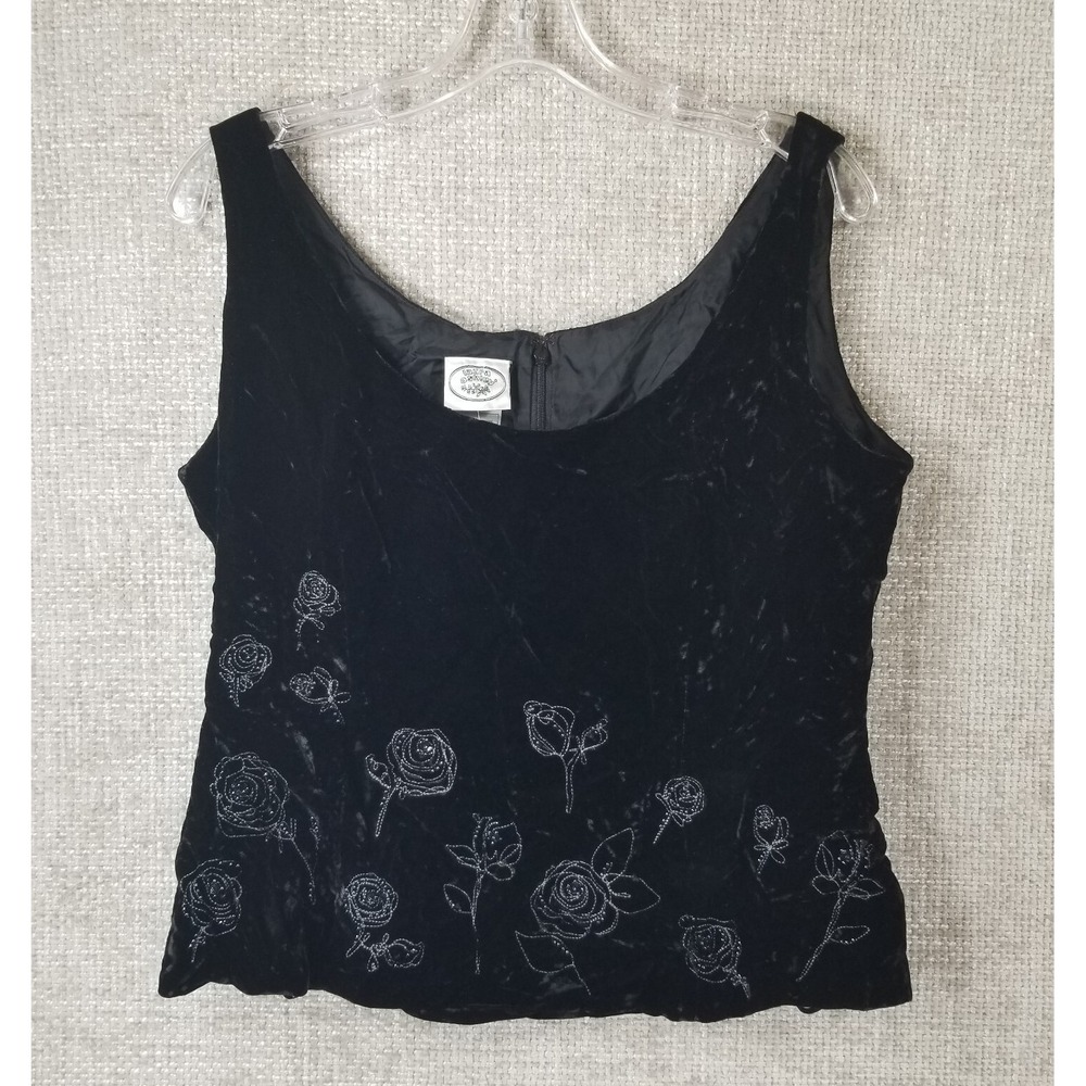 LAURA ASHLEY Crushed Velvet‎ Sleeveless Top Women's 12 Black Beaded Flowers NWT